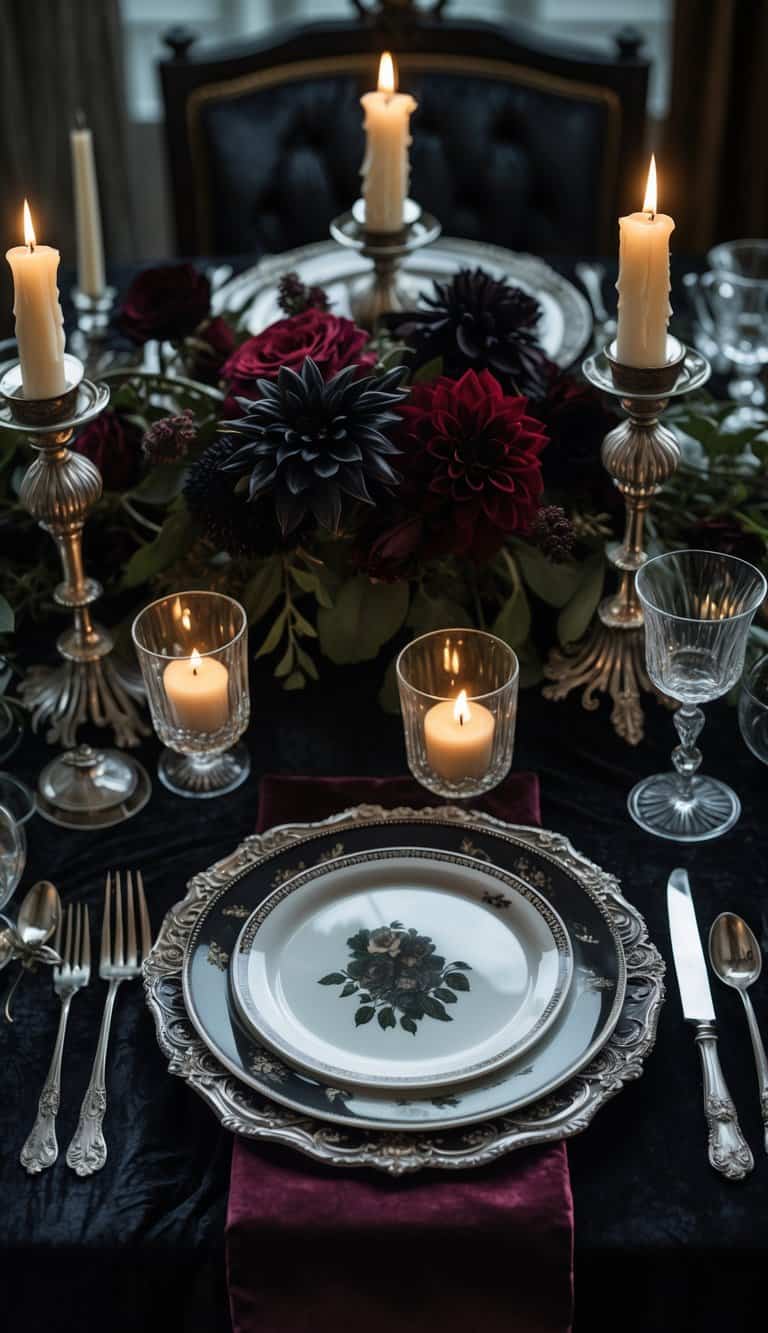 A dining table set with antique silver cutlery, dark linens, candles, and floral arrangements creating an elegant and moody atmosphere.