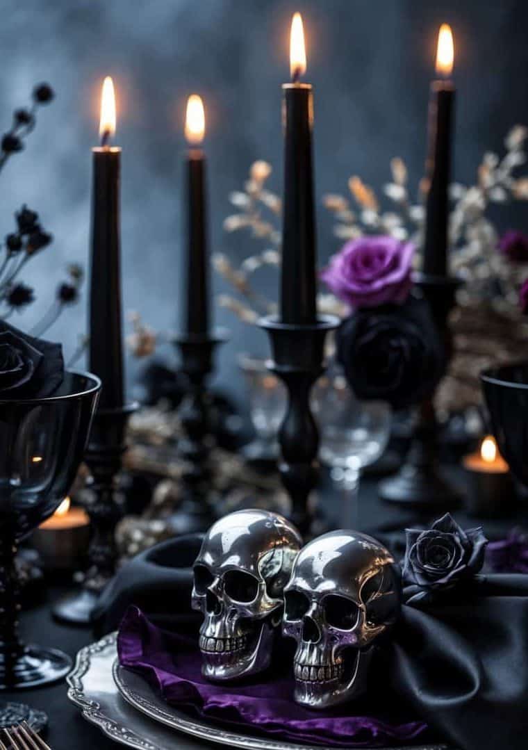 A dark, elegant table setting features silver skulls on plates, black candles, purple roses, and black tableware, creating a gothic, dramatic atmosphere.