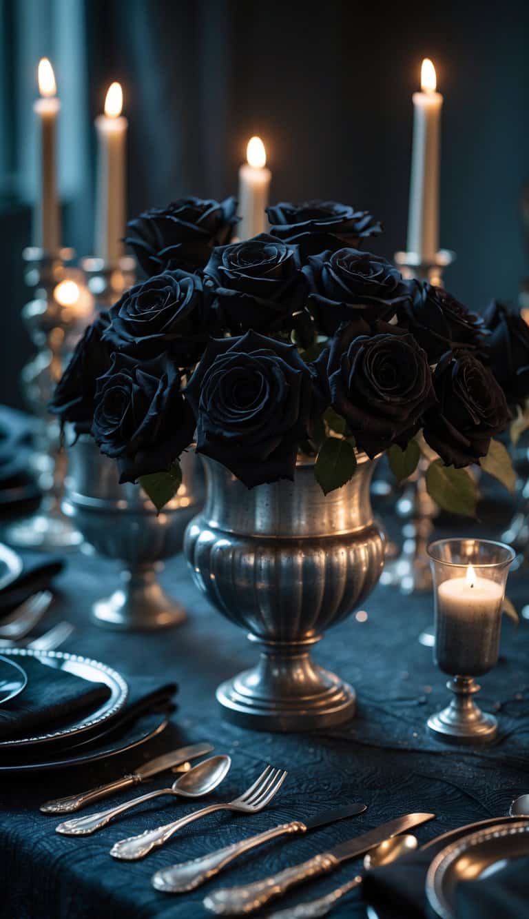 A table with black roses in tarnished silver vases surrounded by vintage silverware and dark linens.