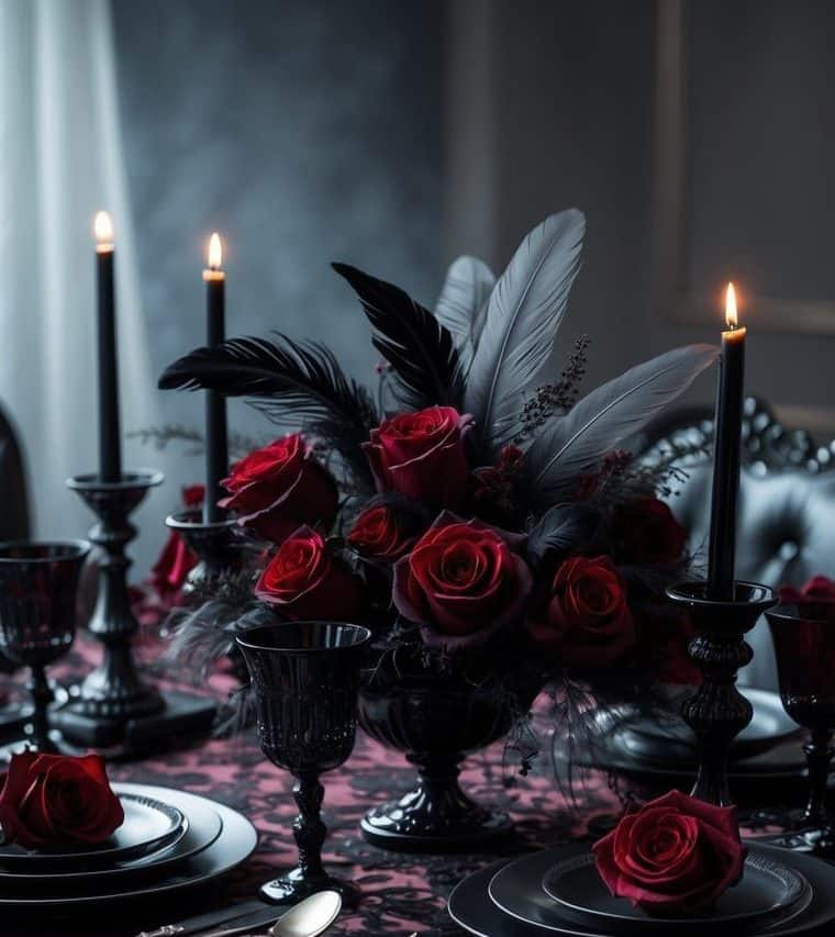 A dining table set with black plates, cutlery, red roses, black feathers, and lit black candles on a dark floral tablecloth.