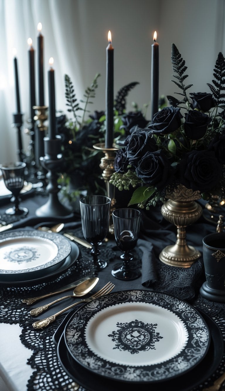 A table set with black lace doilies, black candles, dark flowers, fine china, and vintage silverware arranged neatly on a dark surface.