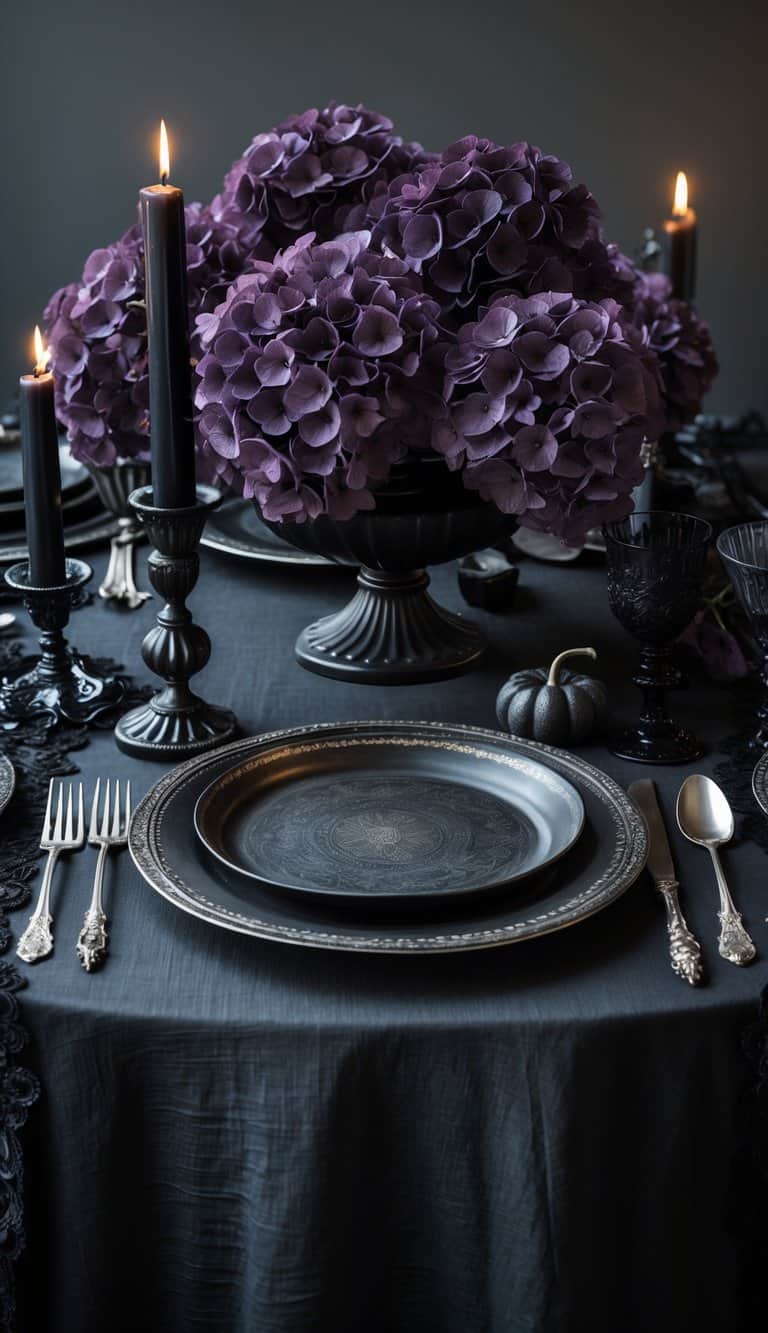 A dark purple hydrangea floral arrangement on a table set with black candles, vintage silverware, and dark table linens.