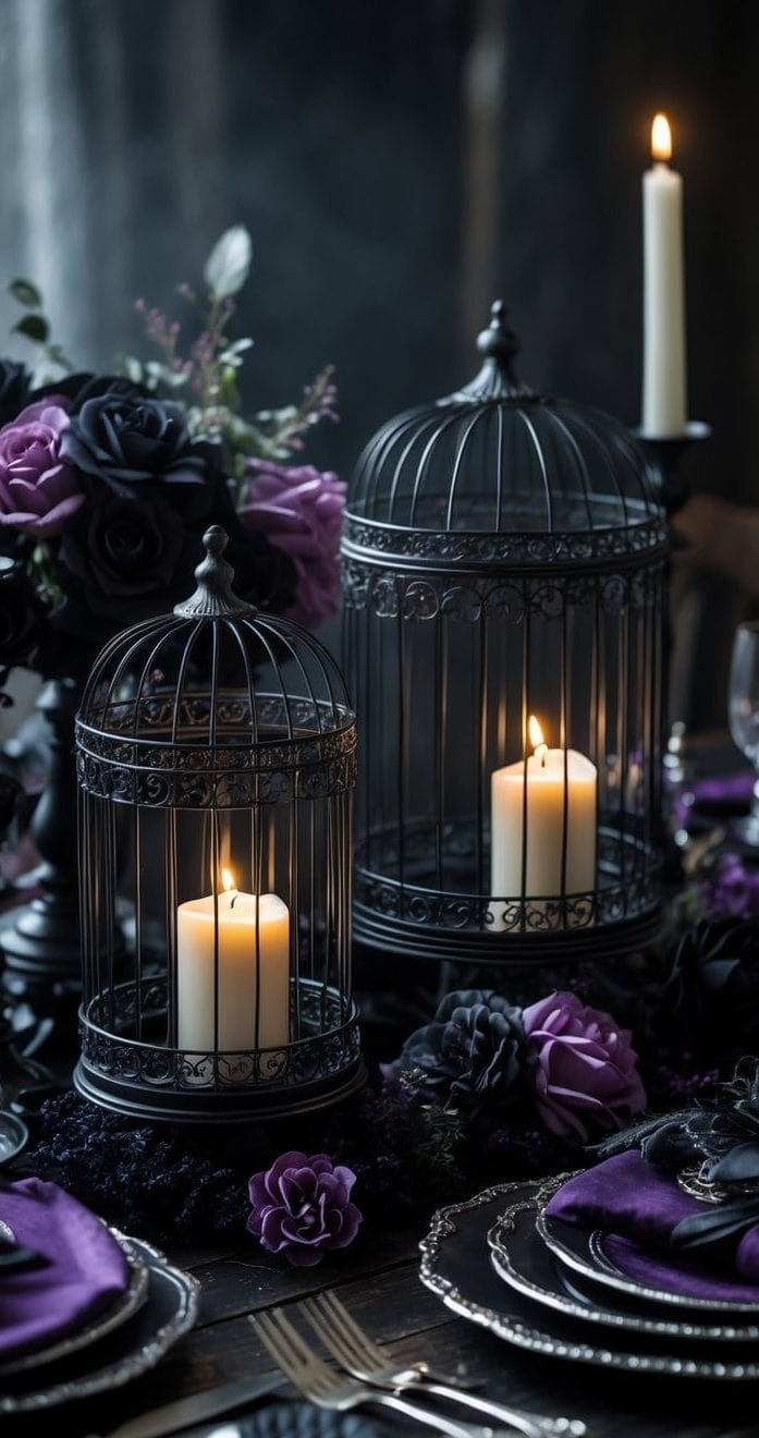 Elegant table setting featuring lit candles inside decorative birdcages, surrounded by dark purple and black flowers, with additional candles and tableware arranged nearby.