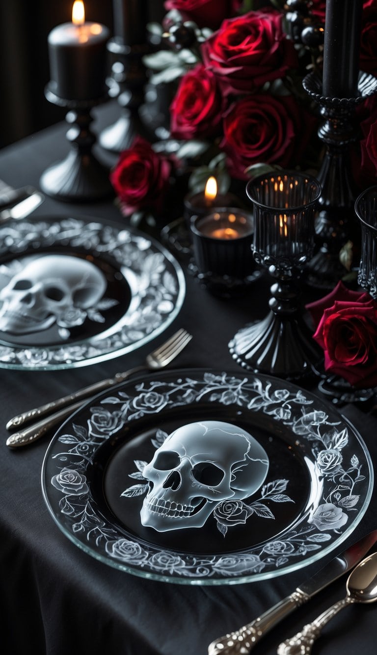 A dark table setting with glass plates etched with skull and rose designs, surrounded by black candles and red roses.