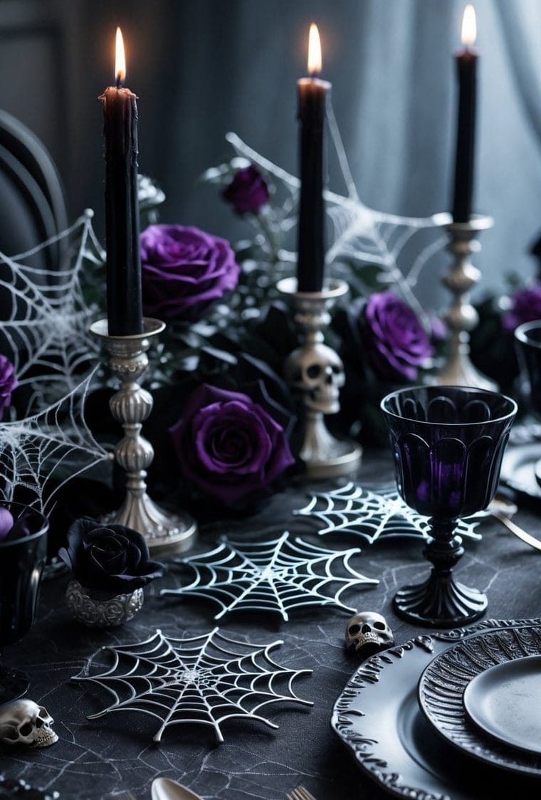 A gothic-themed table setting with black plates, silver cutlery, black candles, purple roses, faux spiderwebs, and small skull decorations.