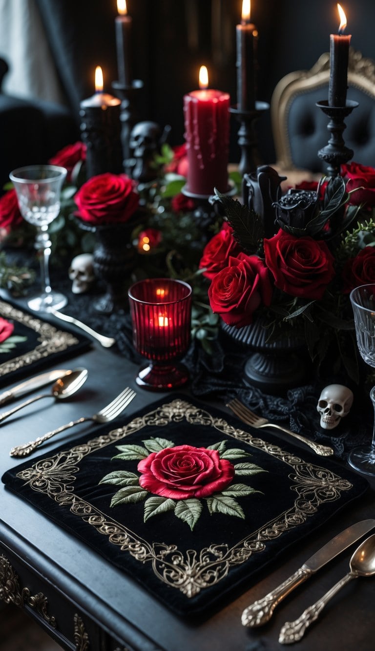A dark wooden table set with black velvet placemats embroidered with red roses, surrounded by candles, silverware, crystal glasses, and dark floral arrangements.