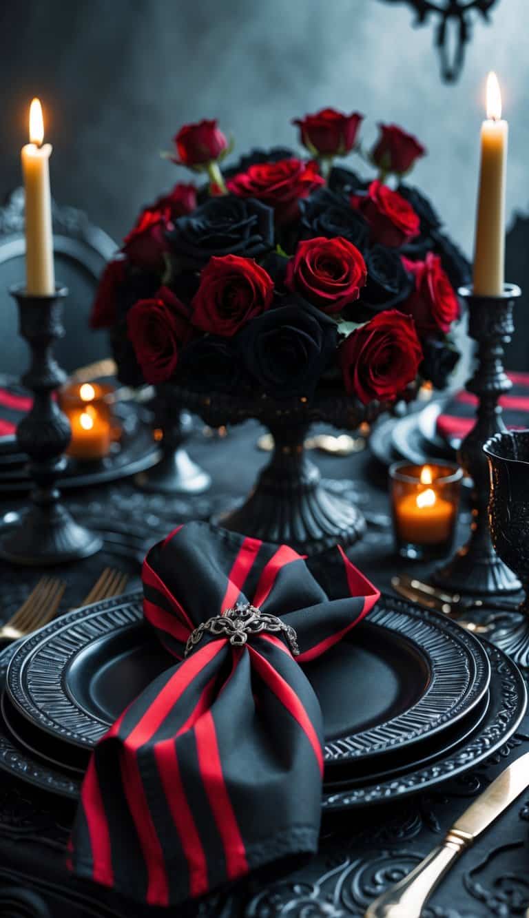 A dark table set with black and red striped napkins, candles, red roses, and elegant tableware.