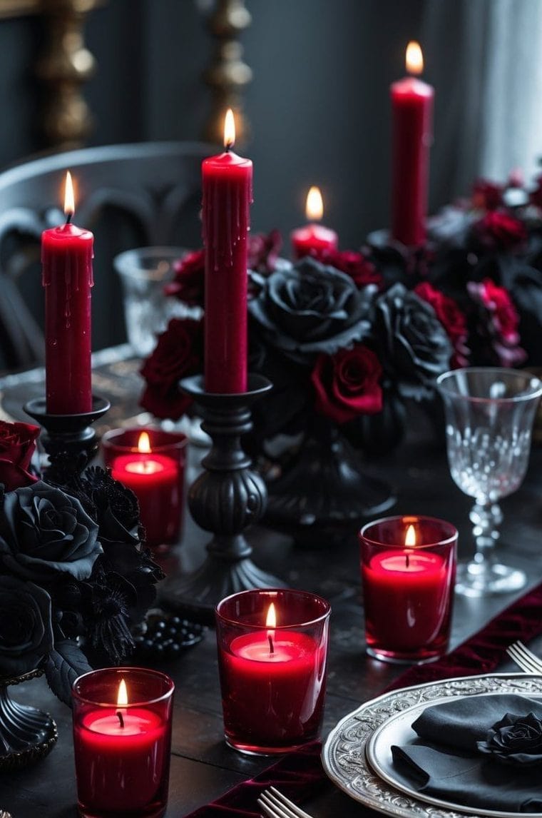 A dark, elegant table setting with red candles, black and red roses, silver cutlery, and glassware, creating a dramatic, moody atmosphere.