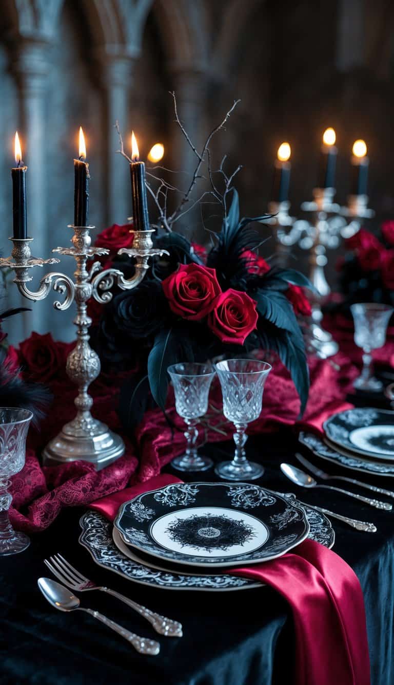 A beautifully set dining table with black and red decorations, candles, flowers, and elegant tableware creating a dark and atmospheric scene.