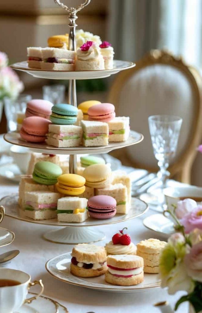 A tiered stand with assorted macarons and tea sandwiches on a set afternoon tea table with teacups, plates, and floral arrangements.