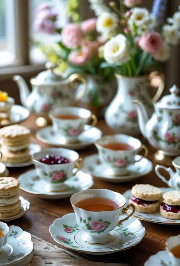 A table set for afternoon tea with floral china teacups, teapots, plates, layered scones with jam and cream, and a floral centerpiece in the background.