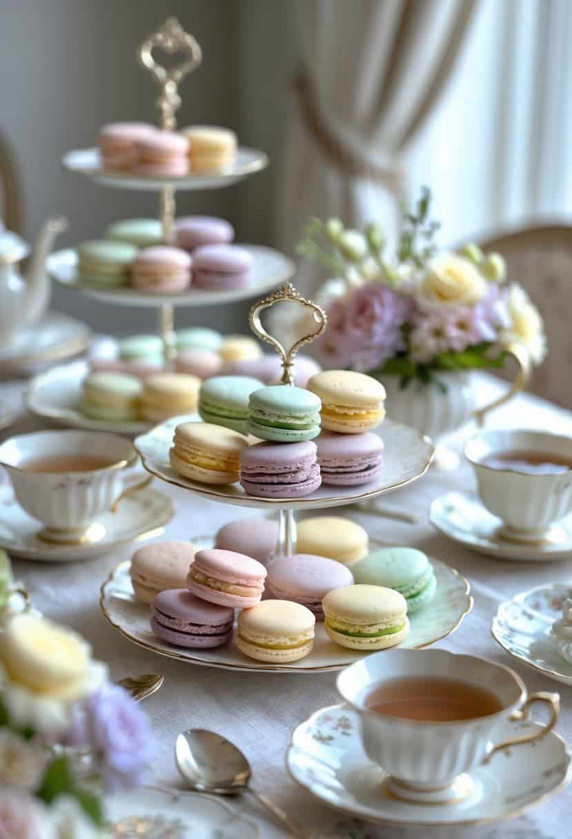 A table set for afternoon tea with plates of mini pastel-colored macarons, teacups, flowers, and silverware.