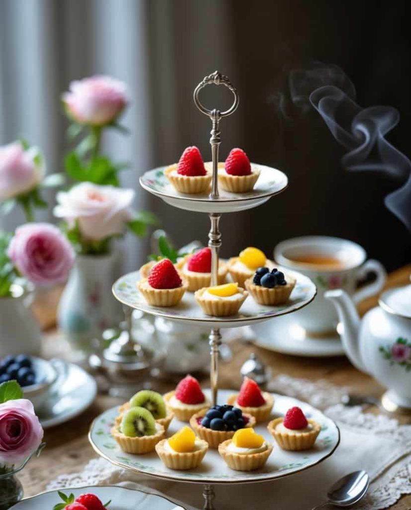 A three-tiered tray with assorted fruit tarts is set on a wooden table, surrounded by teacups, a teapot, plates, and pink roses. Steam rises from a teacup in the background.