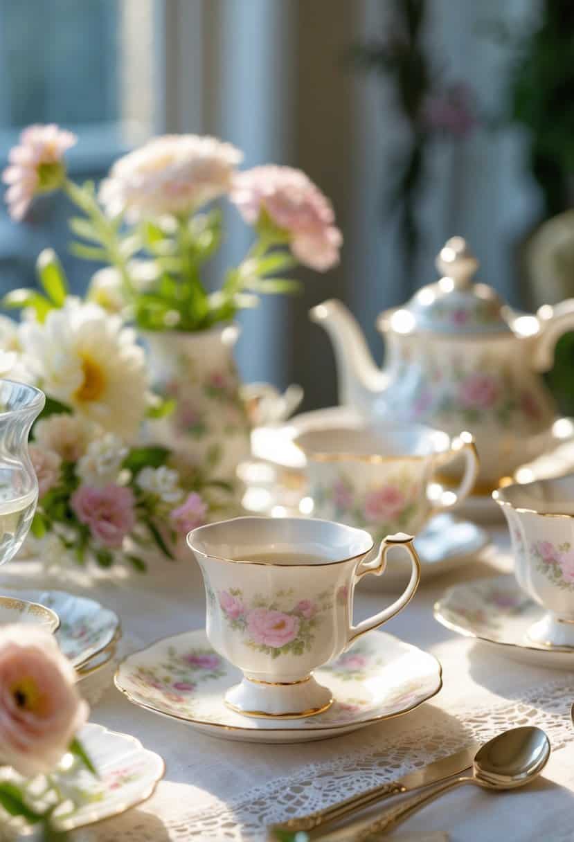 A table set for afternoon tea with porcelain creamers, teacups, flowers, and a teapot arranged on a cloth-covered table.