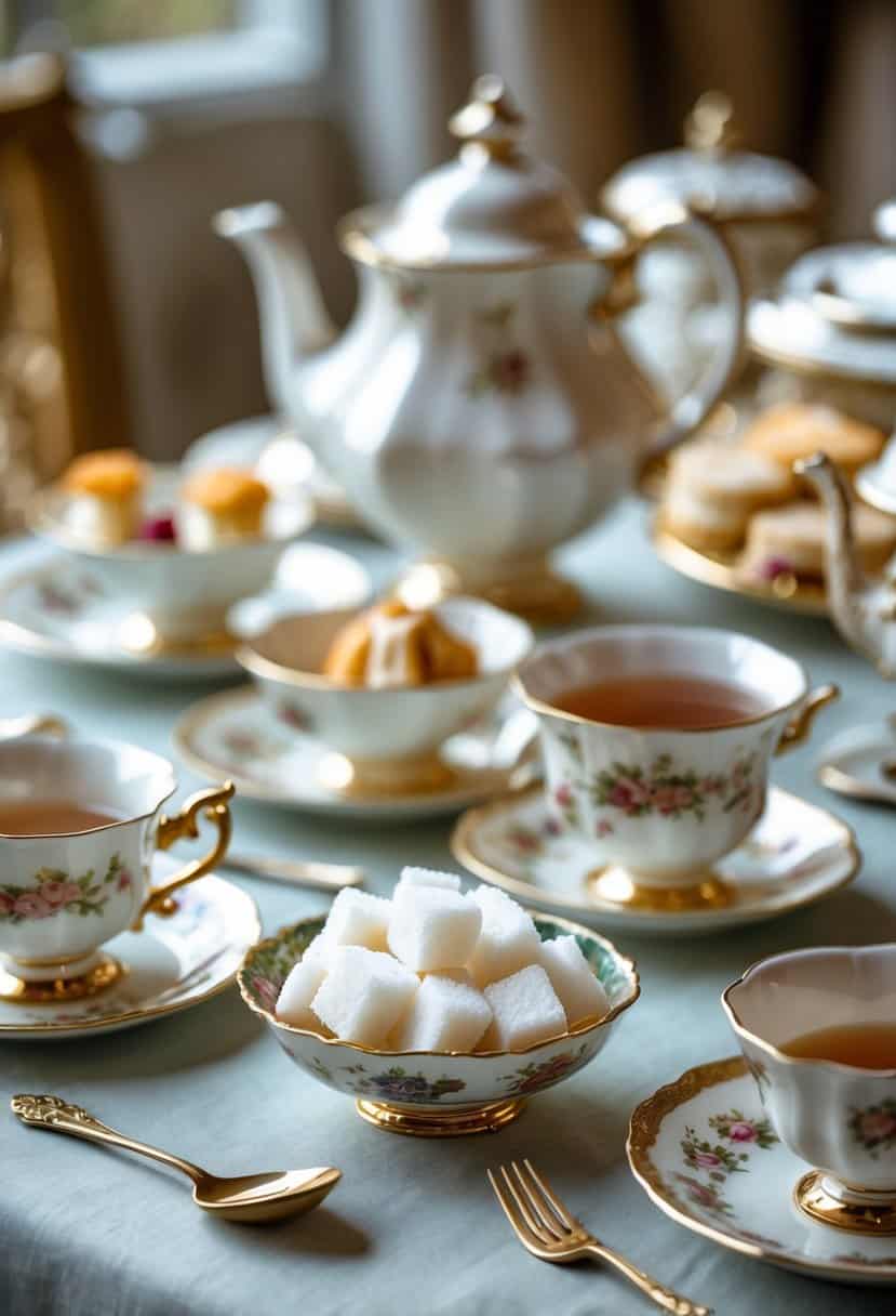 A table set for afternoon tea with teacups, a teapot, pastries, and a dish of old-fashioned sugar cubes.