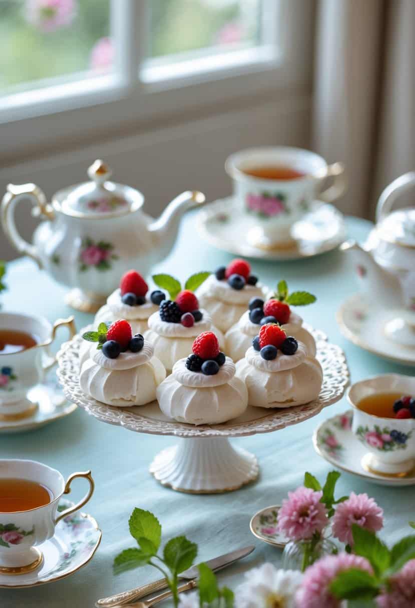 A table set for afternoon tea with mini pavlovas topped with fresh berries, surrounded by teacups, a teapot, flowers, and a pastel tablecloth.