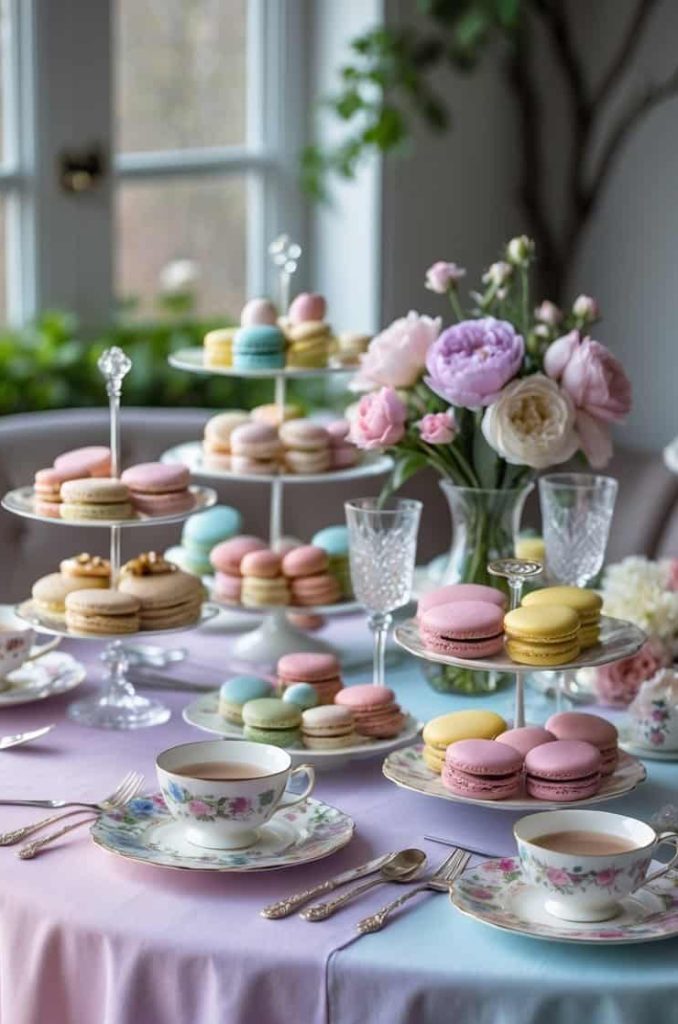 A table set for tea with floral china, crystal glasses, tiered trays of pastel macarons, and a vase of pink and white flowers in a bright, elegant room.