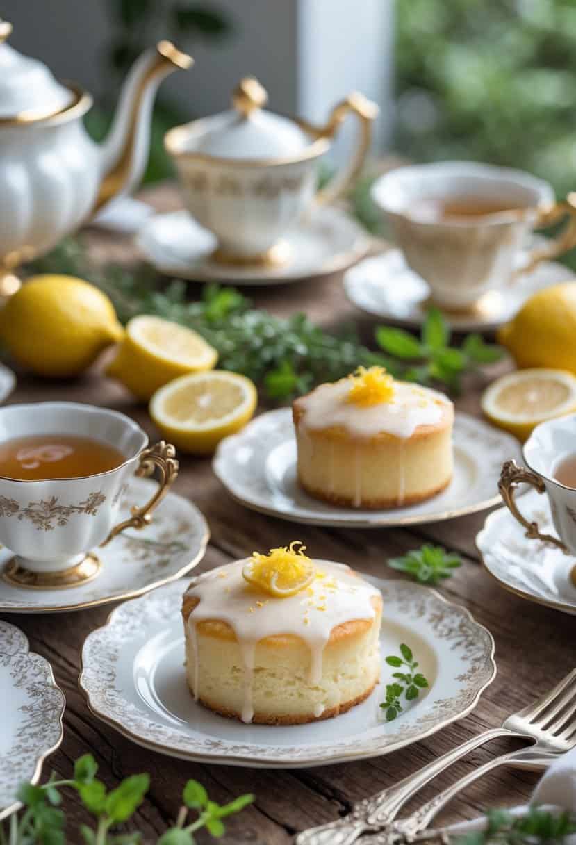 Mini lemon drizzle cakes arranged on a wooden table with teacups, fresh lemons, and herbs for an afternoon tea setting.