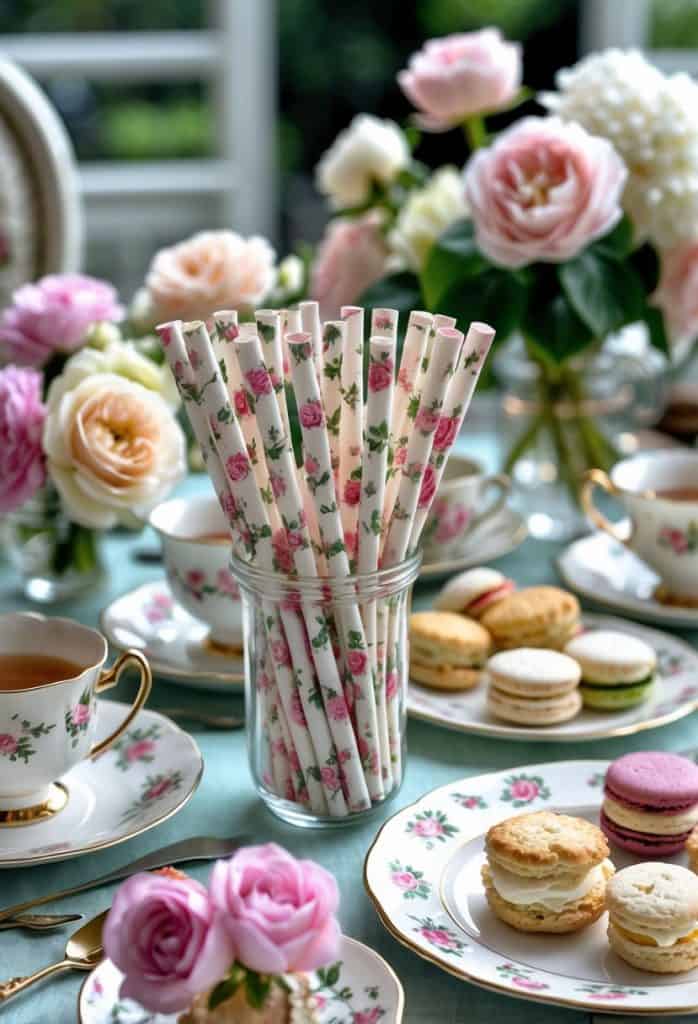 A glass jar holds floral-patterned paper straws on a table set with floral china, tea cups, macarons, and roses in the background.