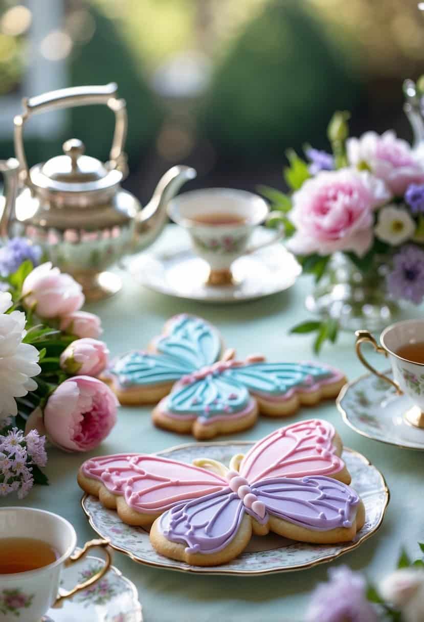 A table set for afternoon tea with butterfly-shaped sugar cookies, fine china, a silver teapot, and fresh flowers.