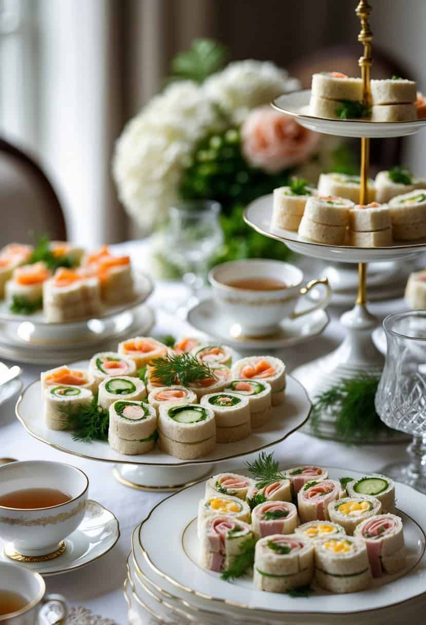 A table set for afternoon tea with plates of miniature rolled sandwiches, floral centerpieces, teacups, and glassware.