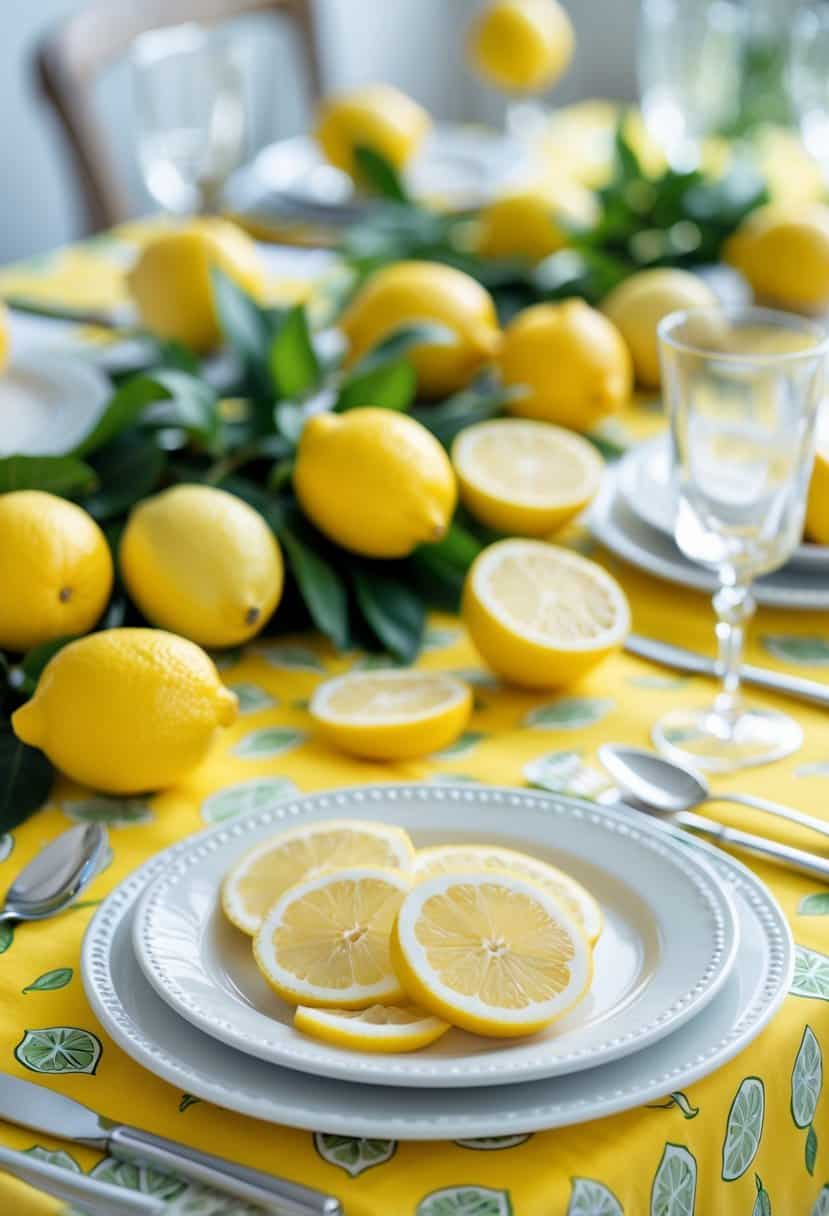 A table covered with a bright yellow lemon-patterned tablecloth, decorated with fresh whole lemons and lemon slices, white plates, glassware, and silver cutlery.