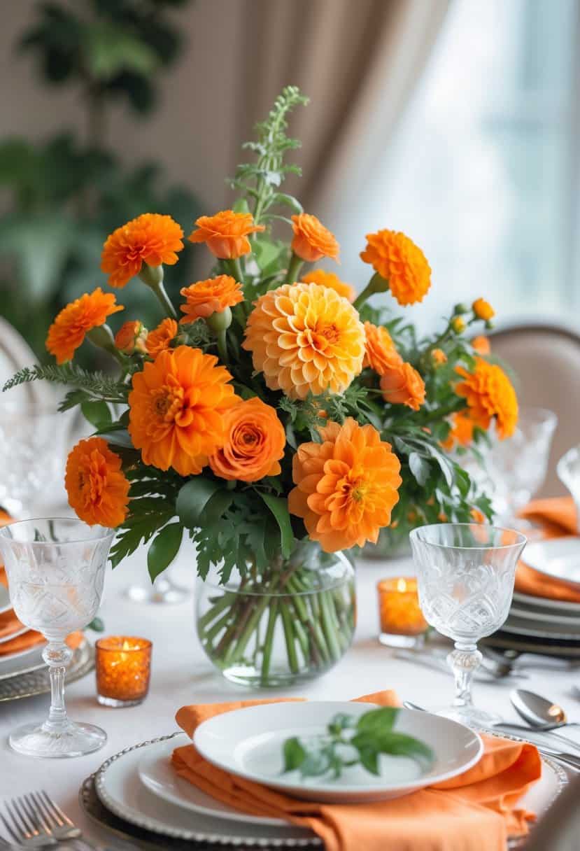 A table set with a bright orange floral centerpiece, white plates, silver cutlery, and glassware.