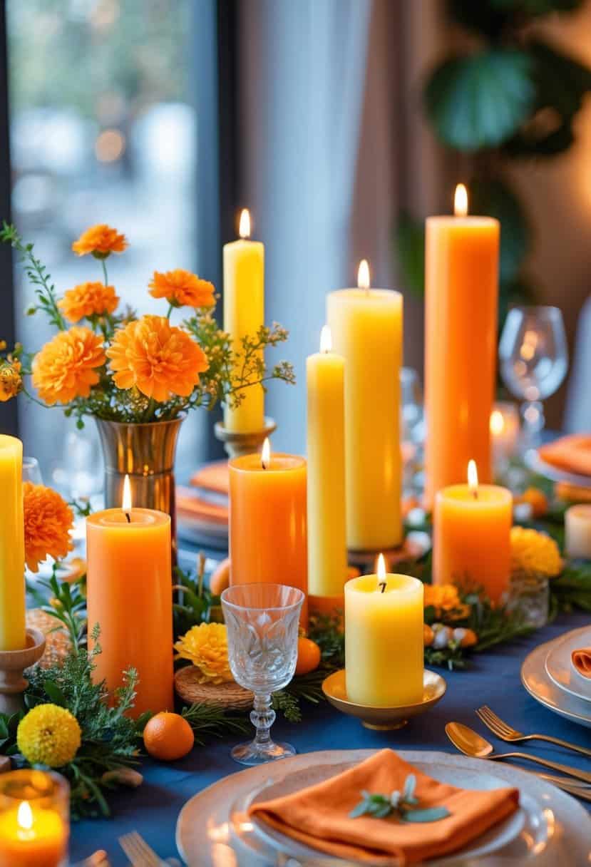 A table set with layered orange and yellow candles surrounded by floral decorations and glassware.