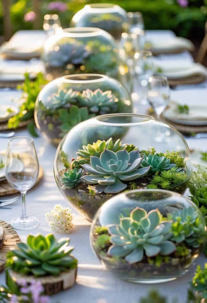Glass terrariums filled with succulents arranged as a centerpiece on an outdoor dining table set with plates, napkins, and glasses.