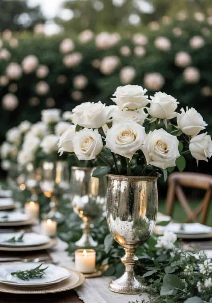 A formal outdoor table setting with silver vases of white roses, lit candles, plates, and greenery, with blurred rose bushes in the background.