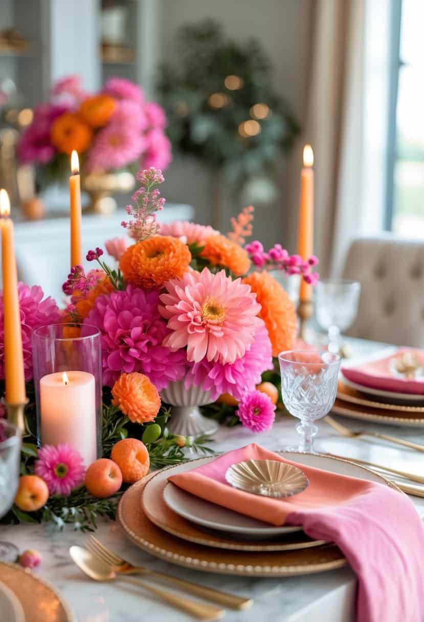 A dining table set with pink and orange flowers, tableware, and candles arranged for a meal.