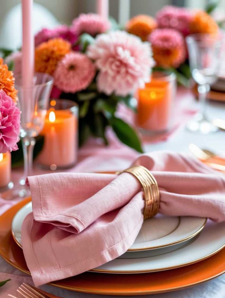 A table setting with a pink napkin in a gold ring on a white plate, orange charger, pink candles, and pink and orange flowers as centerpiece.