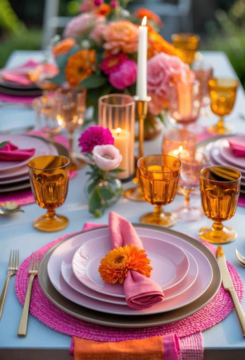 A beautifully arranged table with amber glassware and soft pink plates surrounded by pink and orange decorations.