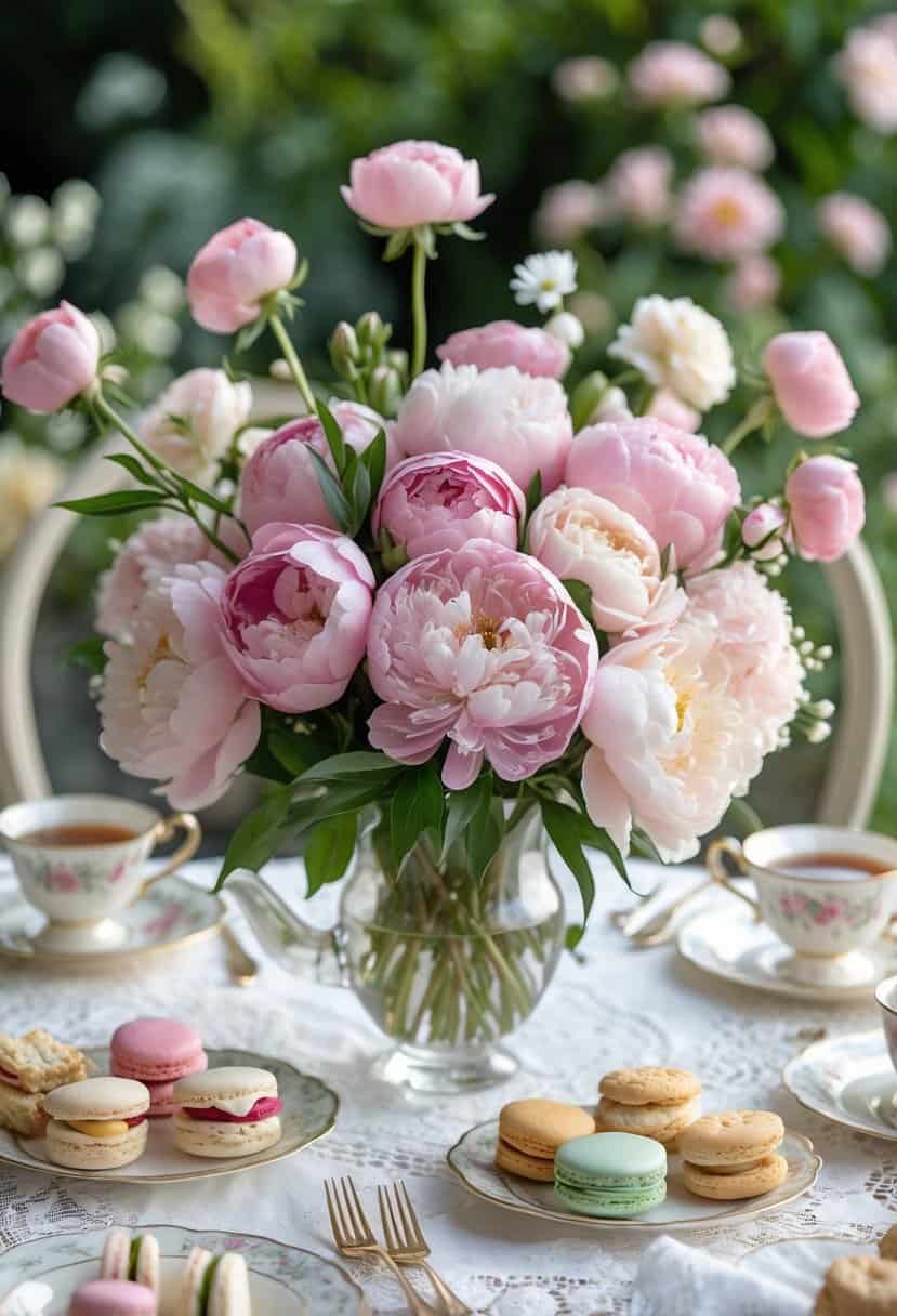 A fresh bouquet of pink peonies and pastel roses on a tea party table with teacups, plates of snacks, and a lace tablecloth.