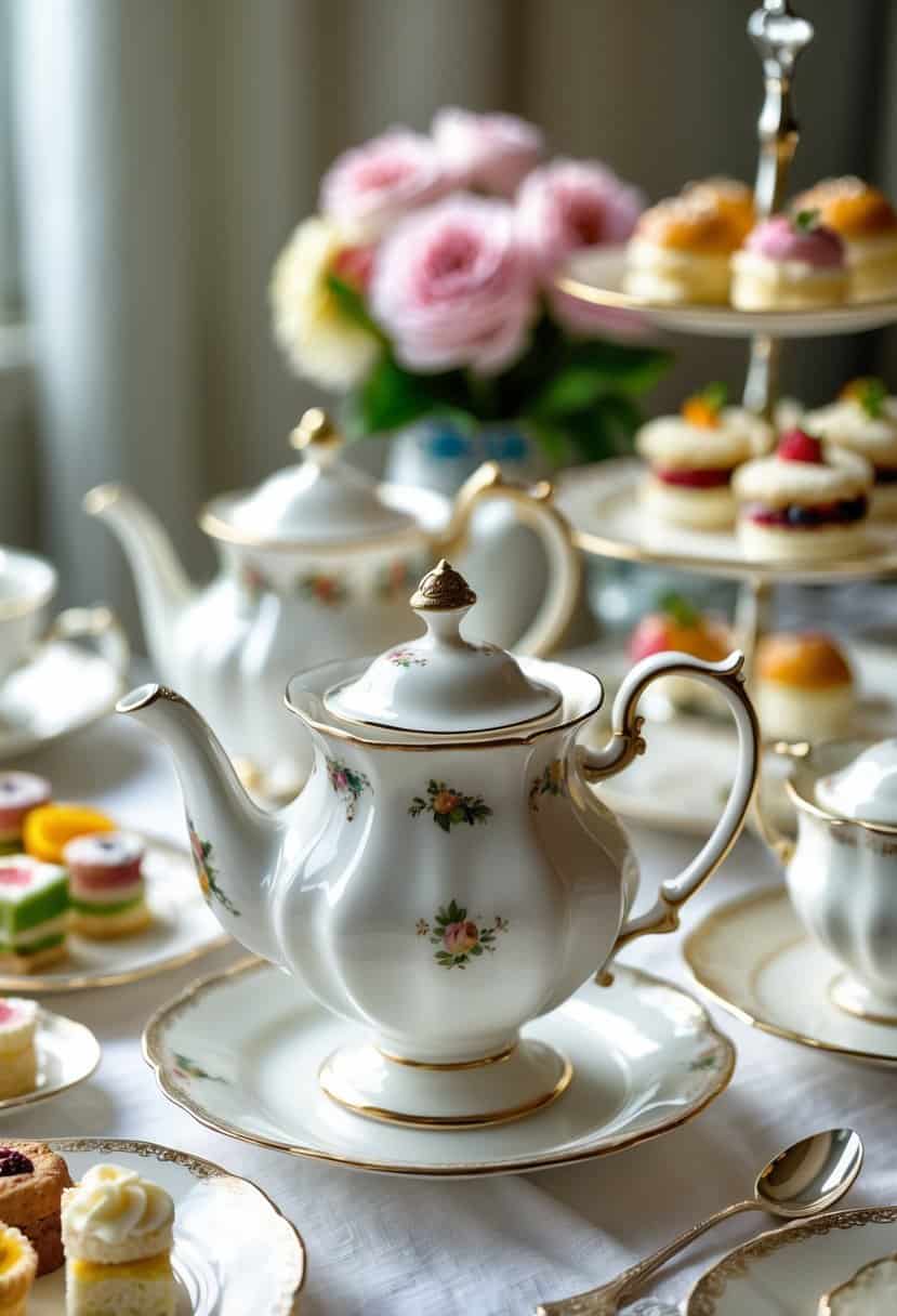 Porcelain cream and sugar set on a decorated tea party table with teacups, pastries, and fresh flowers.