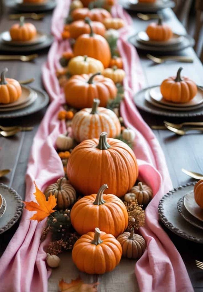 A long dining table is decorated with small pumpkins, gourds, and a pink cloth runner, with place settings arranged on each side.