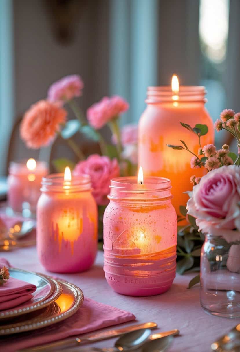 A table set with pink and orange painted mason jars holding lit candles, surrounded by matching decorative elements.