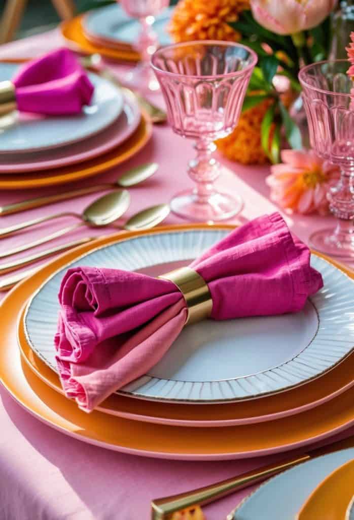 A dining table set with orange plates, white-rimmed dishes, pink napkins in gold rings, gold cutlery, pink glassware, and floral centerpieces.