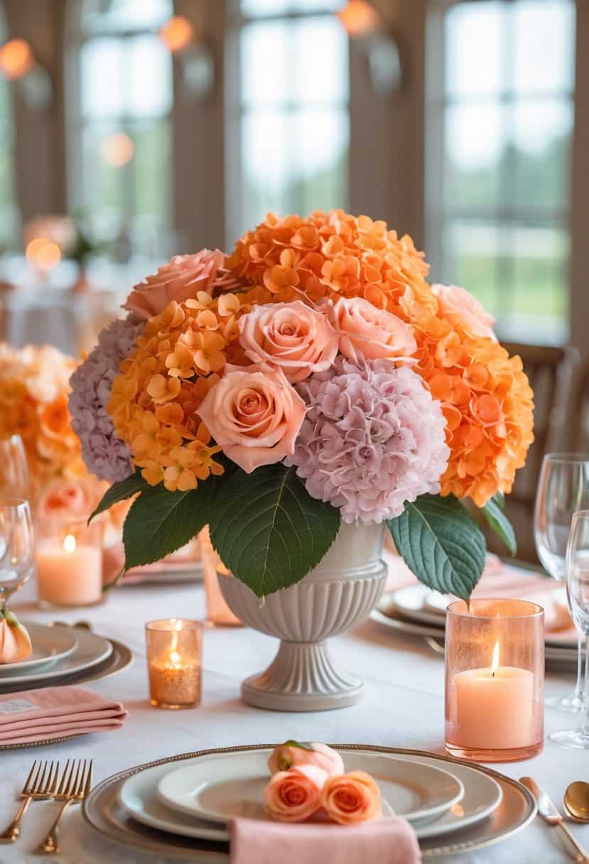 A table with a centerpiece of orange hydrangeas and dusty pink roses surrounded by pink and orange table decorations.