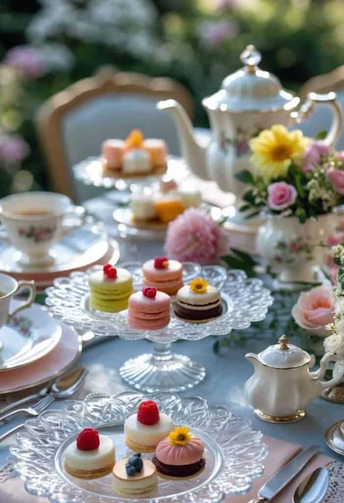 A table set for afternoon tea with floral china, teapots, and plates of assorted pastries and macarons, surrounded by flowers in an outdoor garden setting.