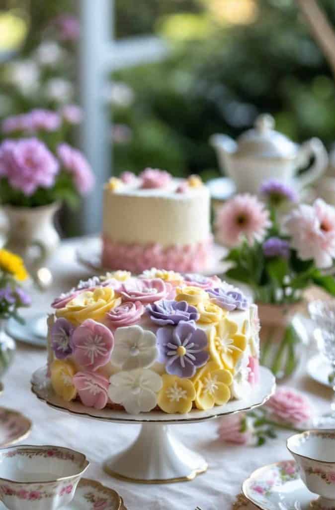 A decorated cake with pastel flower icing sits on a stand, surrounded by teacups and floral arrangements on a table set for tea. Another cake is blurred in the background.