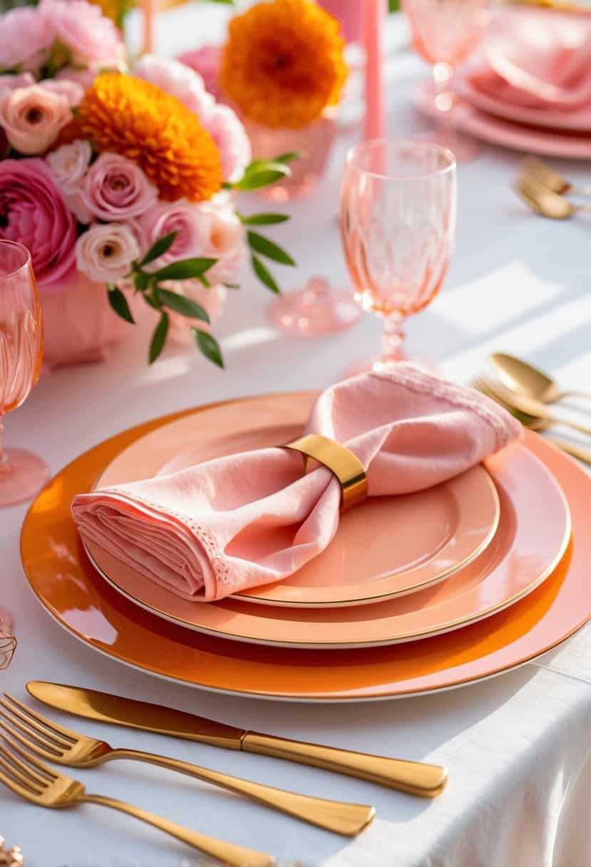 A table set with bright orange chargers and soft peach pink napkins arranged on a pink and orange themed tablescape.
