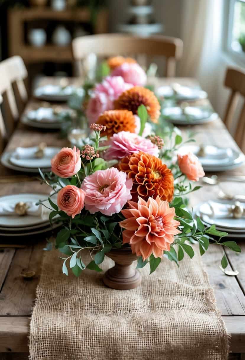 A wooden table with a burlap runner decorated with pink and burnt orange flowers and green leaves.