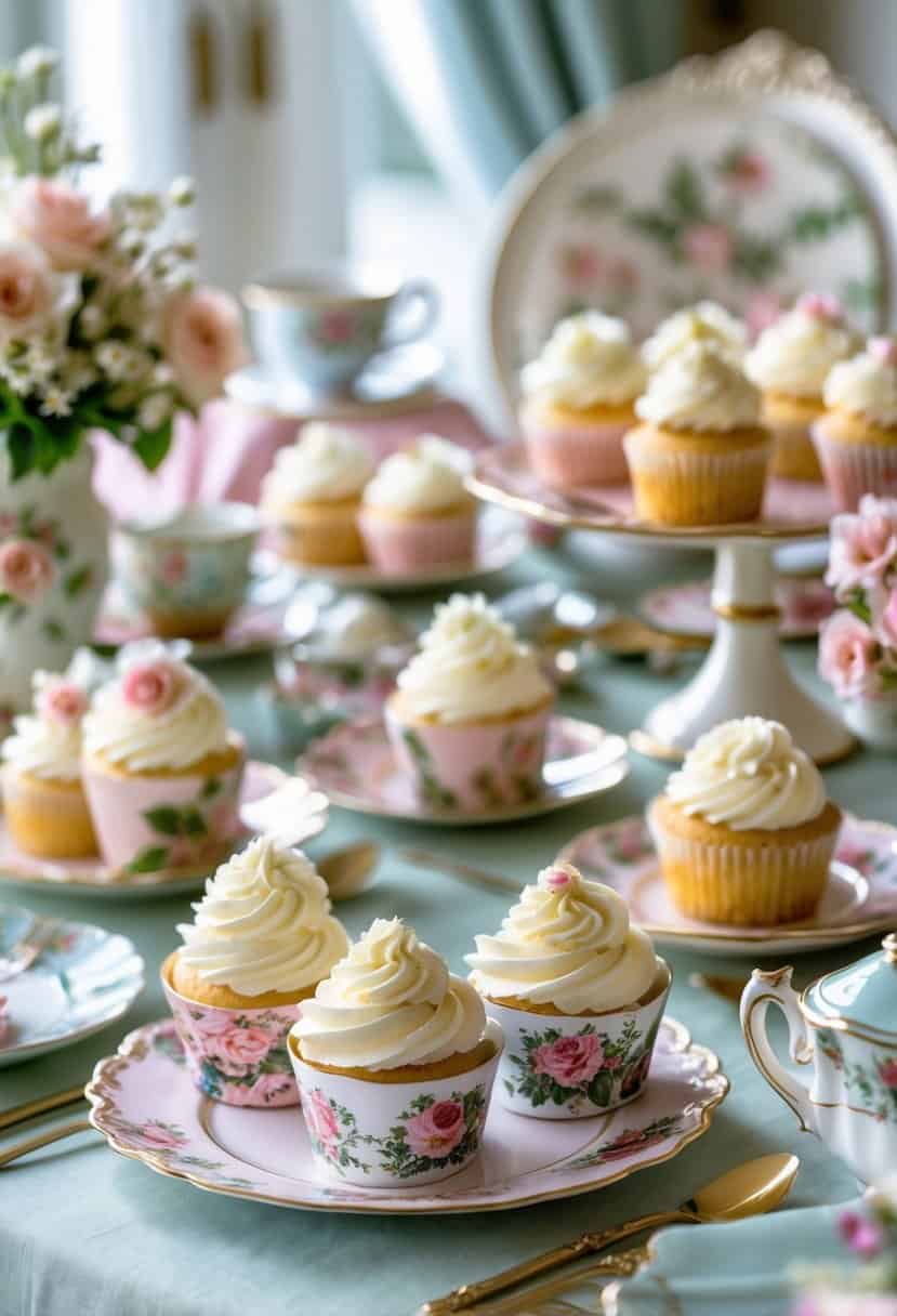 A tea party table with cupcakes in floral print wrappers, surrounded by teacups and flower arrangements.