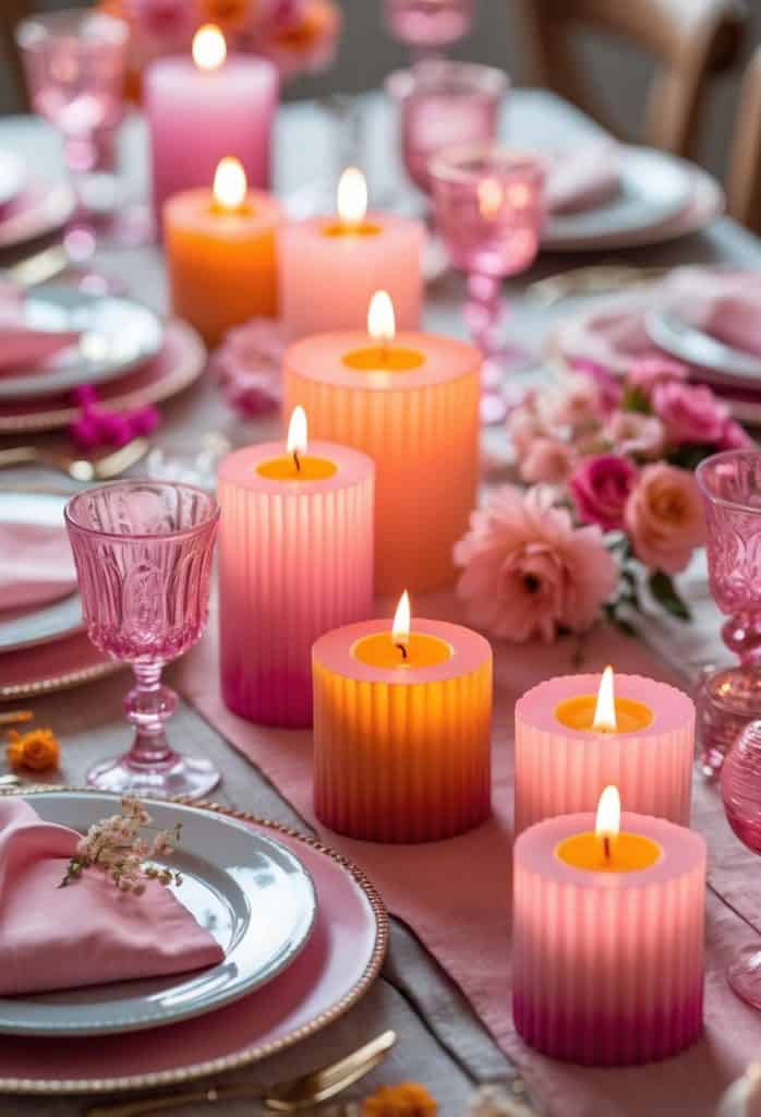 A dining table set with pink plates, pink napkins, pink glassware, and several lit pink gradient candles surrounded by pink flowers.