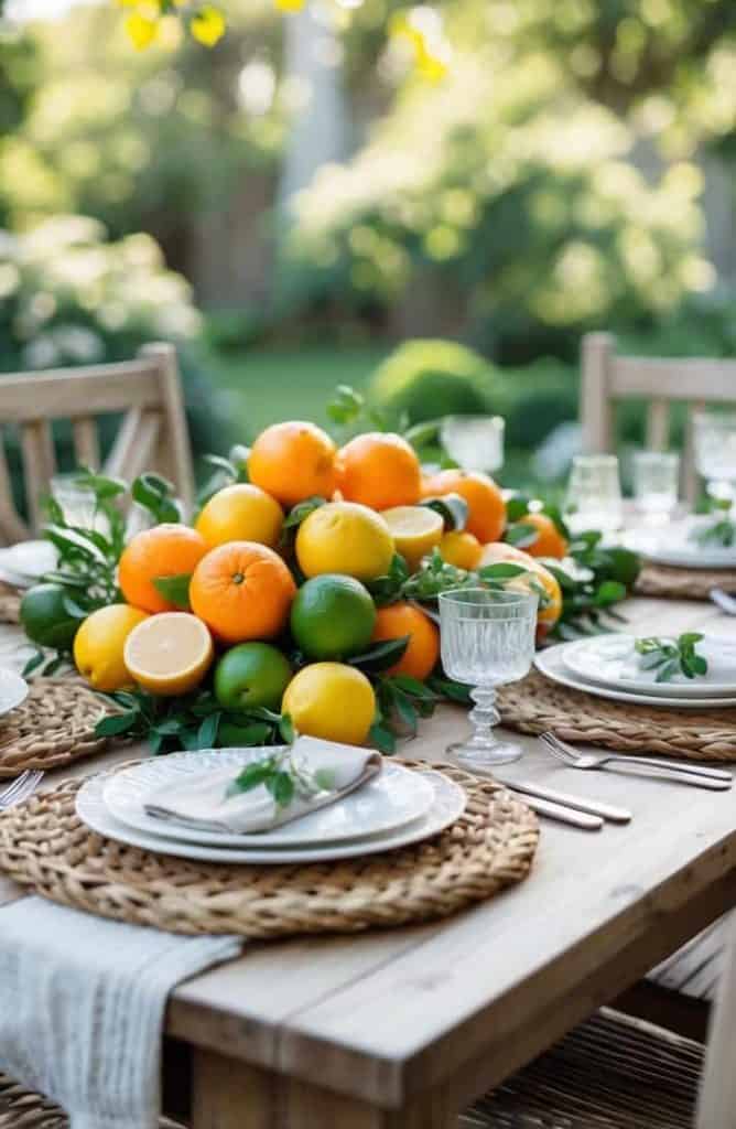 A wooden outdoor table set for four, featuring woven placemats, white plates, and a centerpiece made of assorted citrus fruits, with a garden background.