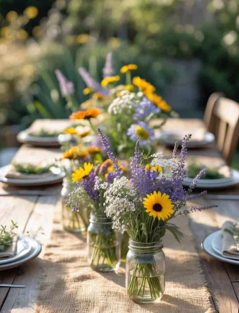 A wooden outdoor table is set with plates and napkins, featuring mason jars filled with yellow, white, and purple wildflowers as centerpieces.