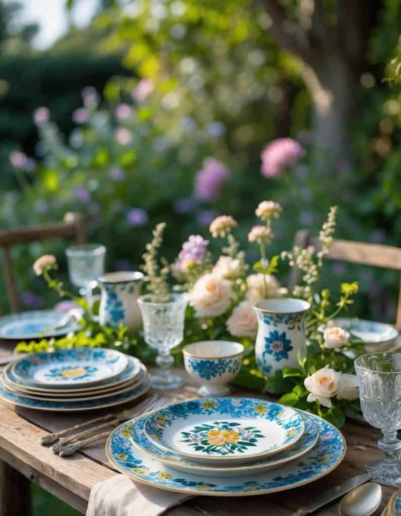 A wooden outdoor table set with floral-patterned plates, bowls, cups, cutlery, and glasses, decorated with fresh flower arrangements in a garden setting.