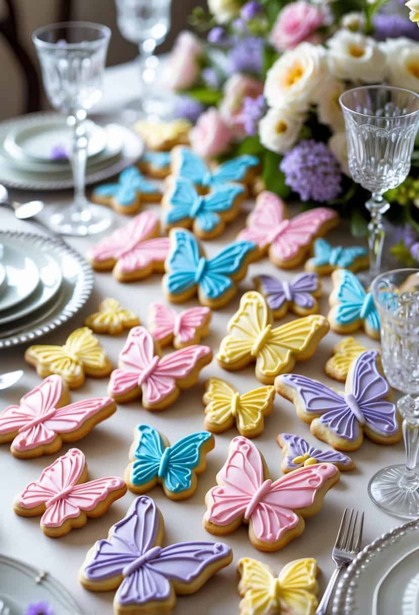 A table decorated with butterfly-shaped sugar cookies scattered among flowers and tableware.