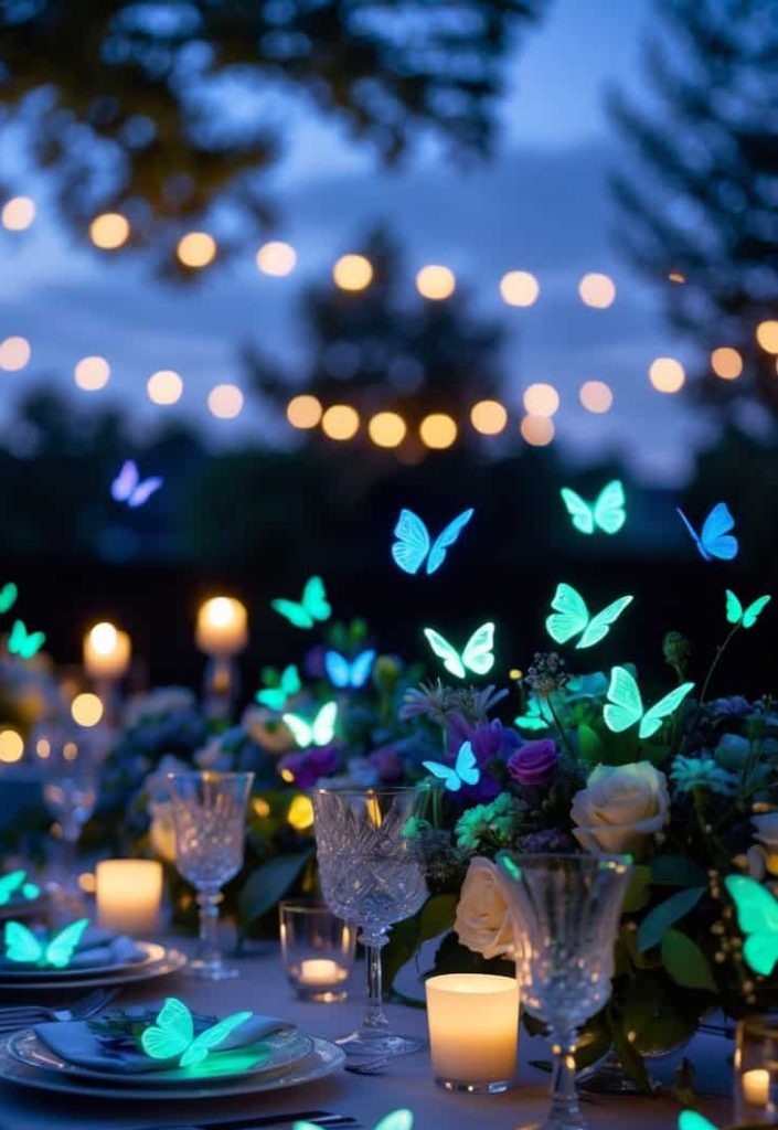 A decorated outdoor dinner table at dusk with glowing artificial butterflies, candles, flowers, and string lights overhead.
